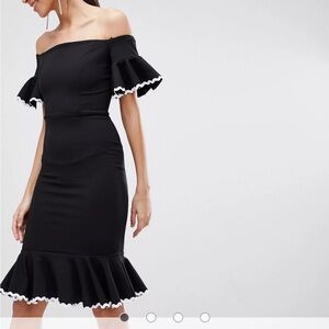John Zack Tall Off Shoulder Midi Pencil Dress With Fluted Hem Detail